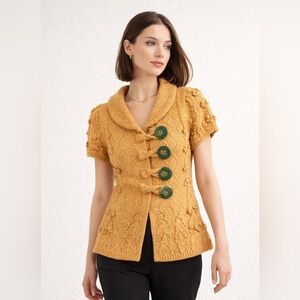 Anthropologie Leifsdottir Mustard Wool Blend Knit Cardigan Size M Floral Boho
